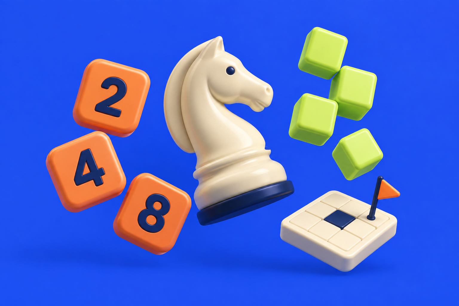Un caballo de ajedrez y piezas de juegos en un universo de colores